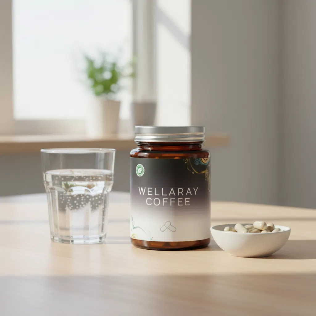 Wellaray Coffee Verpackungsdetail neben Kaffeetasse auf Holztisch